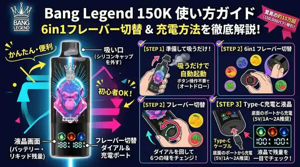 Bang Legend 150Kの使い方！6in1フレーバー切替と充電方法